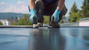 A roofer wearing teal rubber gloves and dark work clothing crouches on a smooth grey flat roof surface, using two-handed tools to seal a membrane join. Green trees and rooftops are visible in the background.