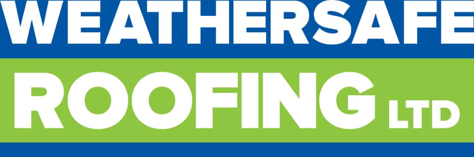 Weathersafe Roofing Ltd logo. Blue banner with white text reading "Weathersafe" above a green banner with white bold text reading "Roofing Ltd".